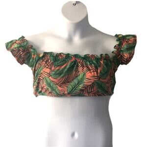 ModCloth High Dive Tropical Swim Top XL Green Pink Cropped Capped Sleeve Retro